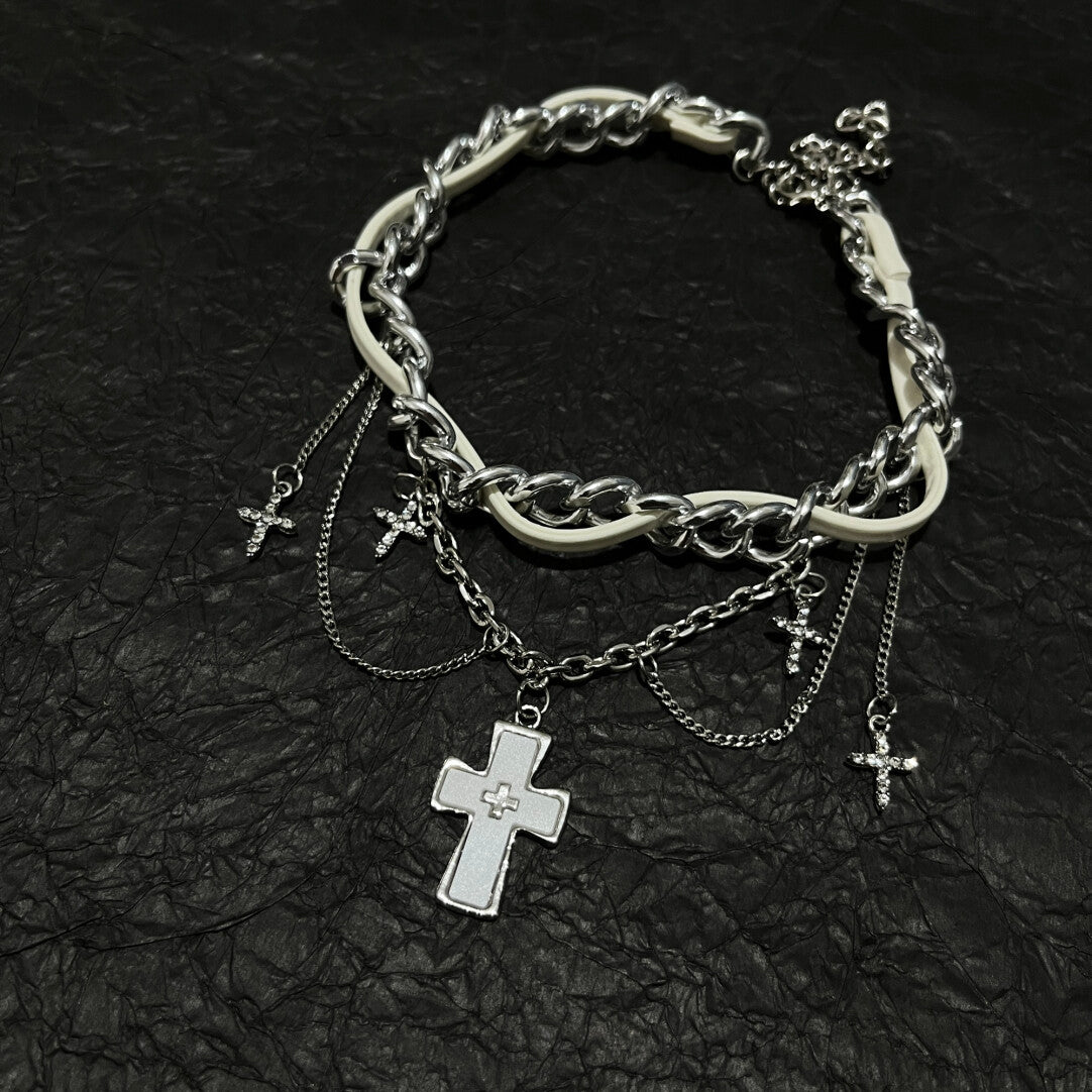 Y2K Gothic White Cross Choker Layered Chain Necklace - Sweet Cool Angel Aesthetic