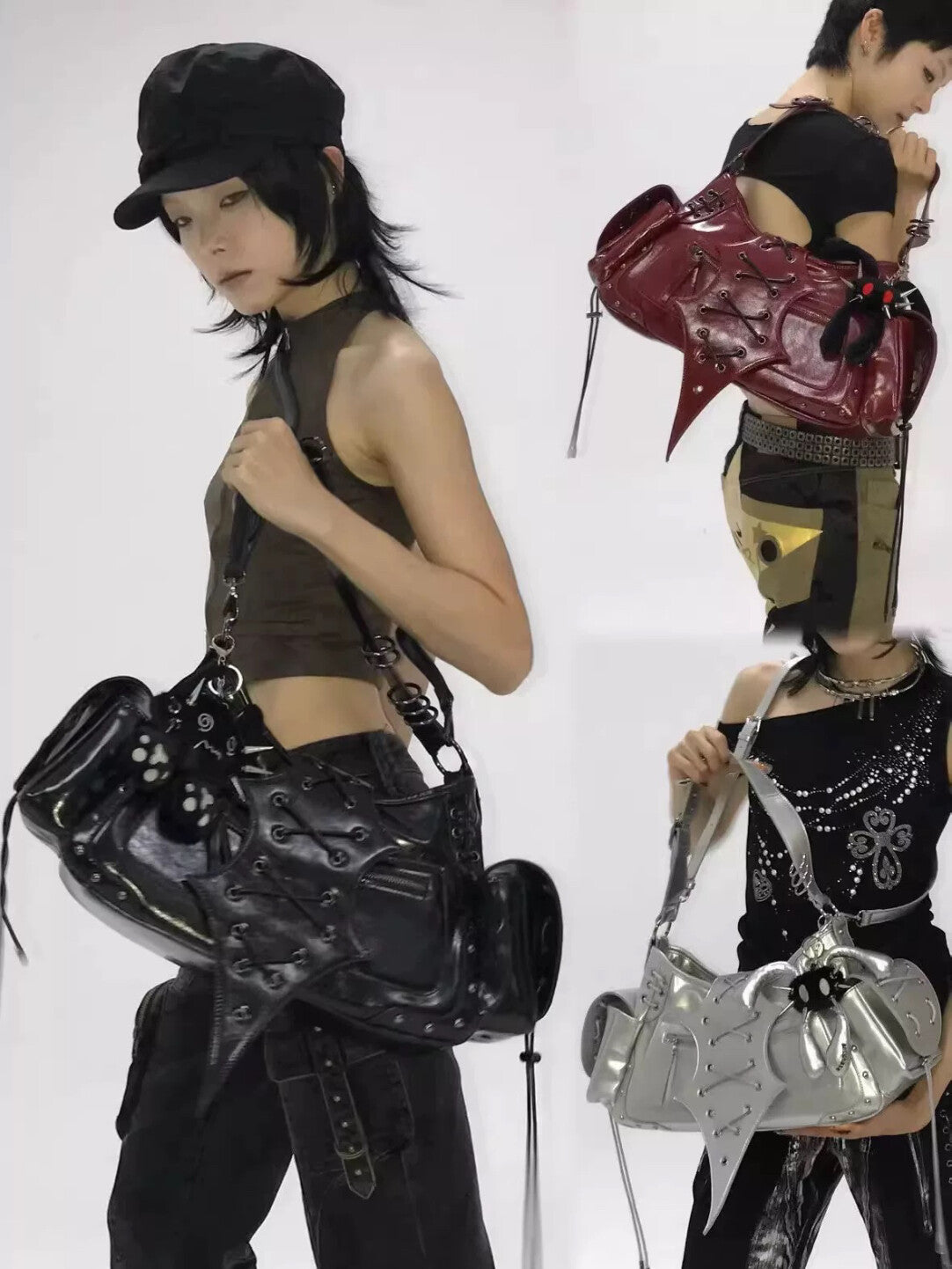 Gothic Punk "Black Warrior" Patent Corset Lacing Shoulder Bag - Y2K Darkwear Crossbody Tote with Utility Pockets