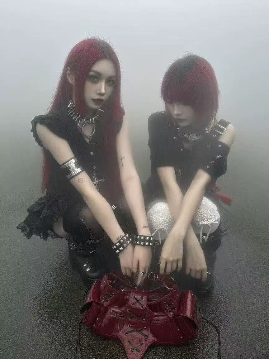 Gothic Punk "Black Warrior" Patent Corset Lacing Shoulder Bag - Y2K Darkwear Crossbody Tote with Utility Pockets