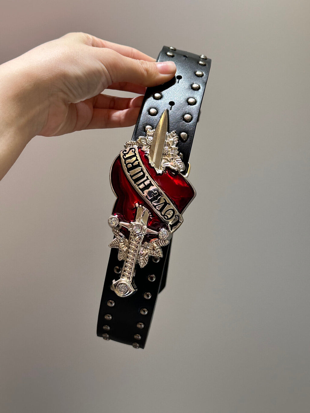 Y2K "Love Hurts" Dagger Heart Studded Belt - Gothic Punk Aesthetic