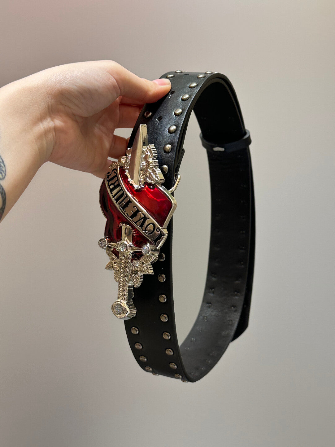 Y2K "Love Hurts" Dagger Heart Studded Belt - Gothic Punk Aesthetic