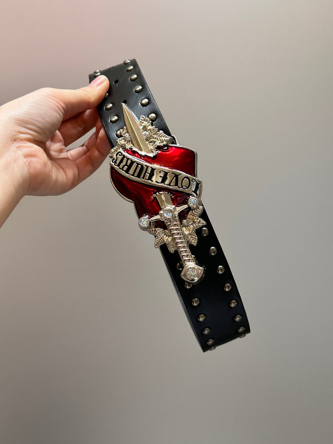 Y2K "Love Hurts" Dagger Heart Studded Belt - Gothic Punk Aesthetic