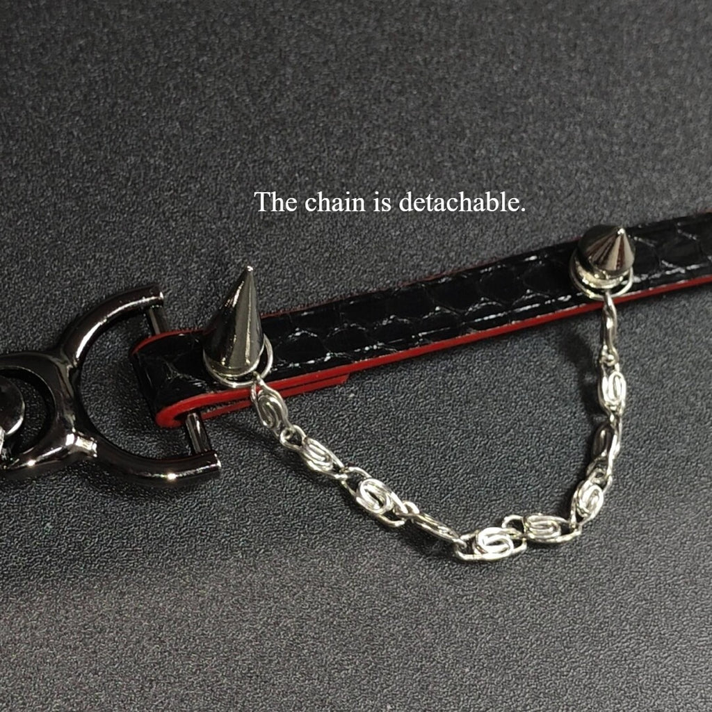 Gothic Spider Spike Choker - Black & Red Genuine Leather Collar with Silver Chain | Custom Engraving Punk Necklace