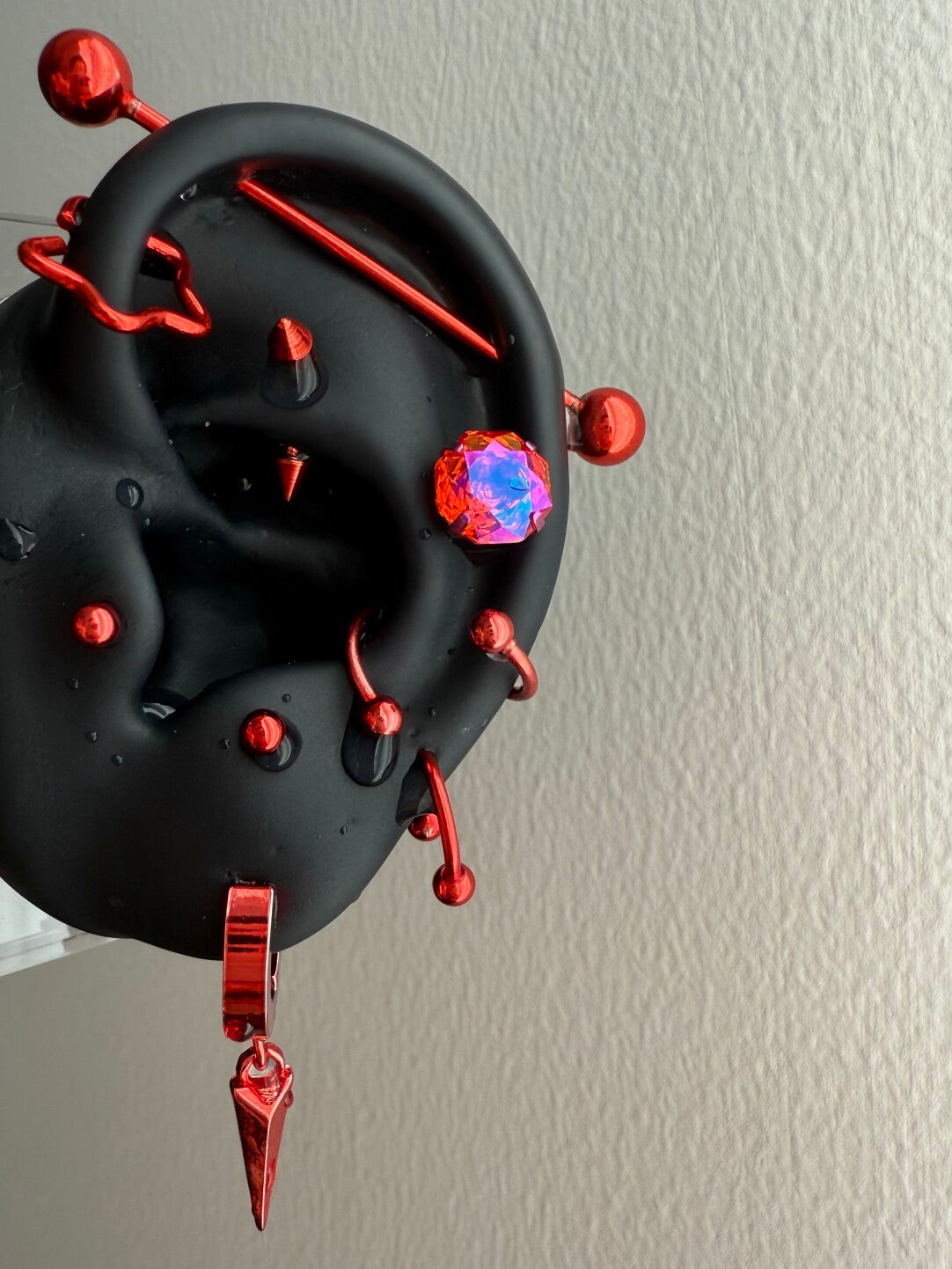 Red Titanium Steel Earrings & Titanium Alloy Zircon Ear Bone Studs |   Red Cone Pendant Ear Hoop