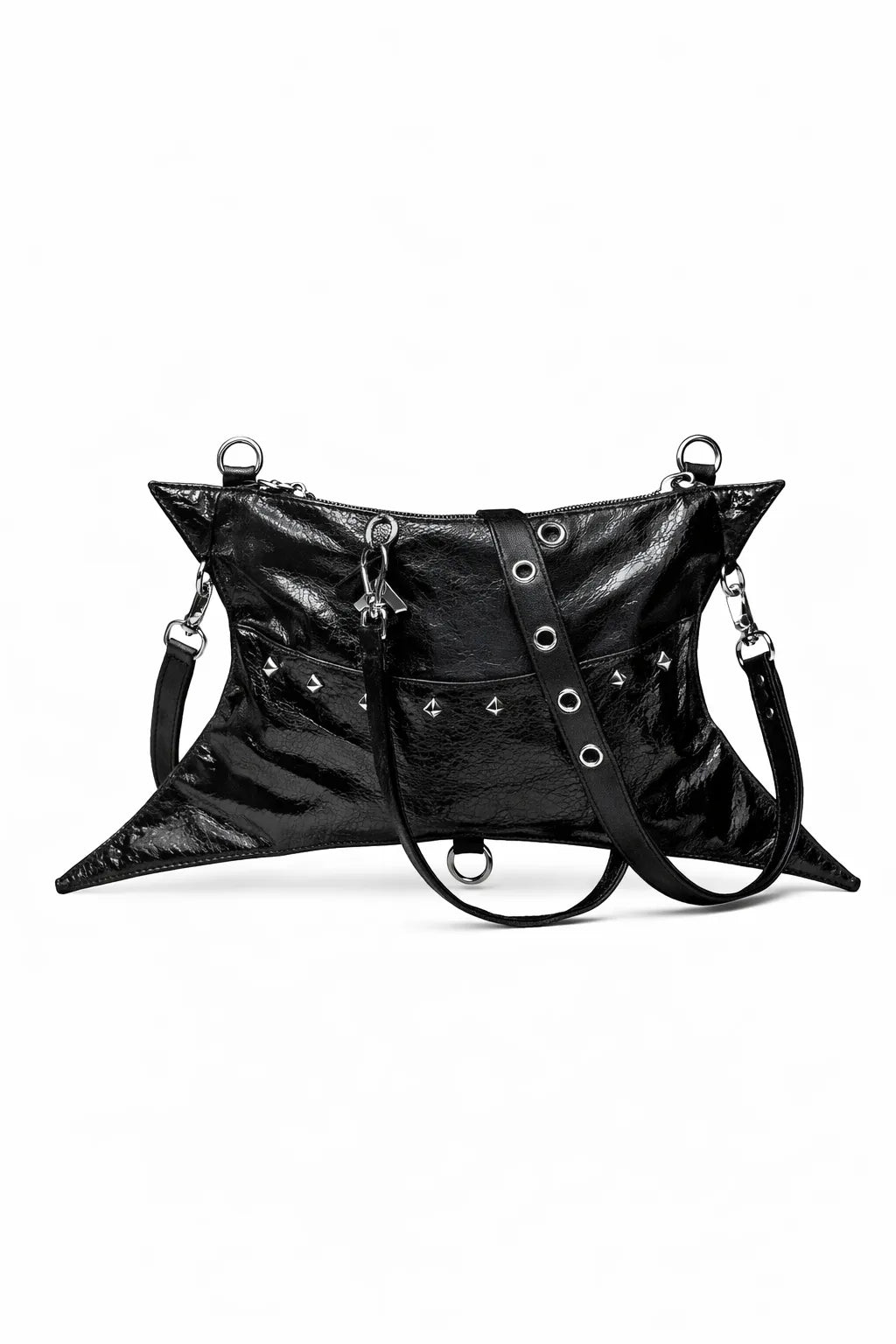 Y2K Gothic Black Patent Pointed Shoulder Bag - Bat Wing Crossbody with Studded Convertible Belt Strap