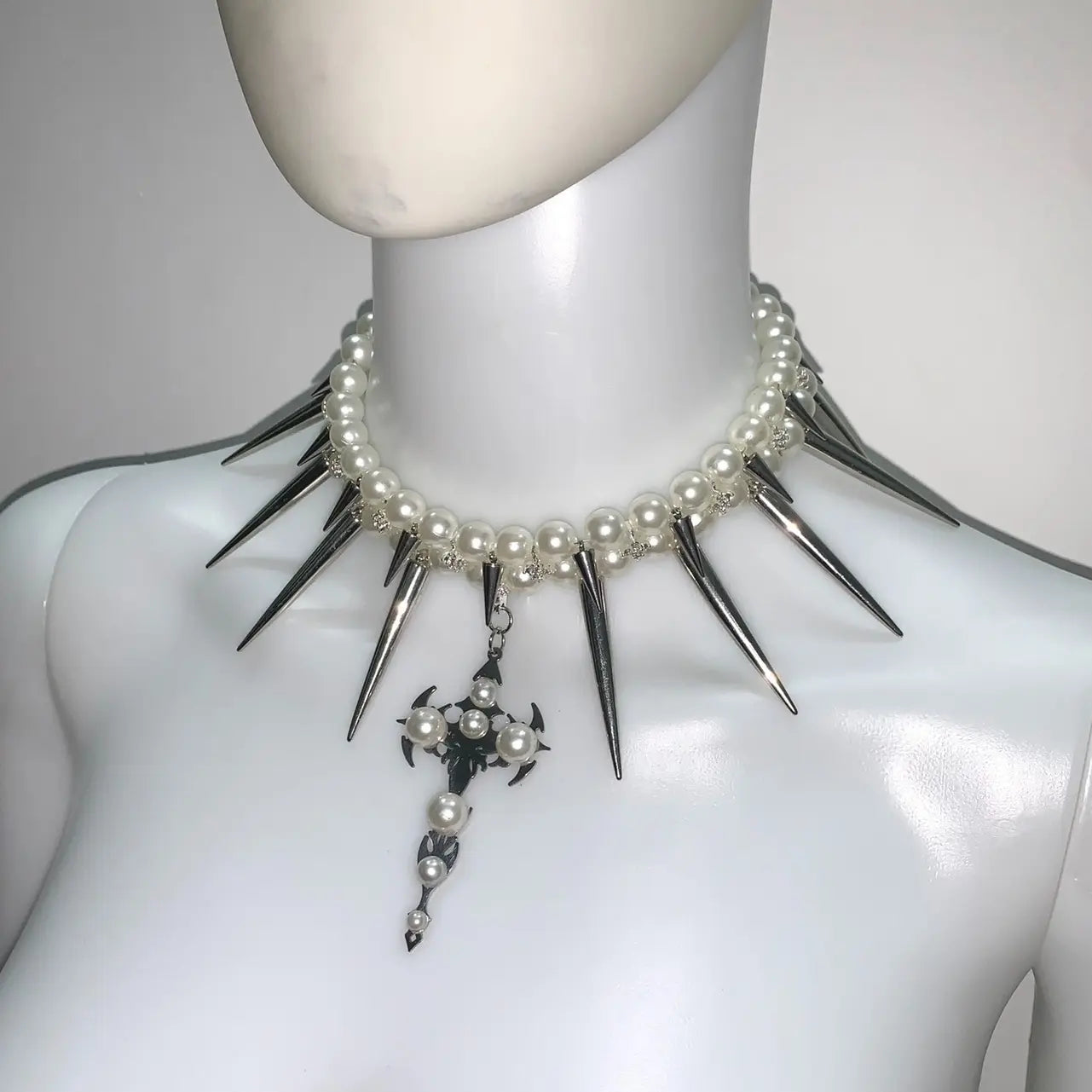 "Black Spade Queen" Original Handmade Dark Punk Rock Metal Studded Multi-Layer Pearl Choker | Festival Party Necklace