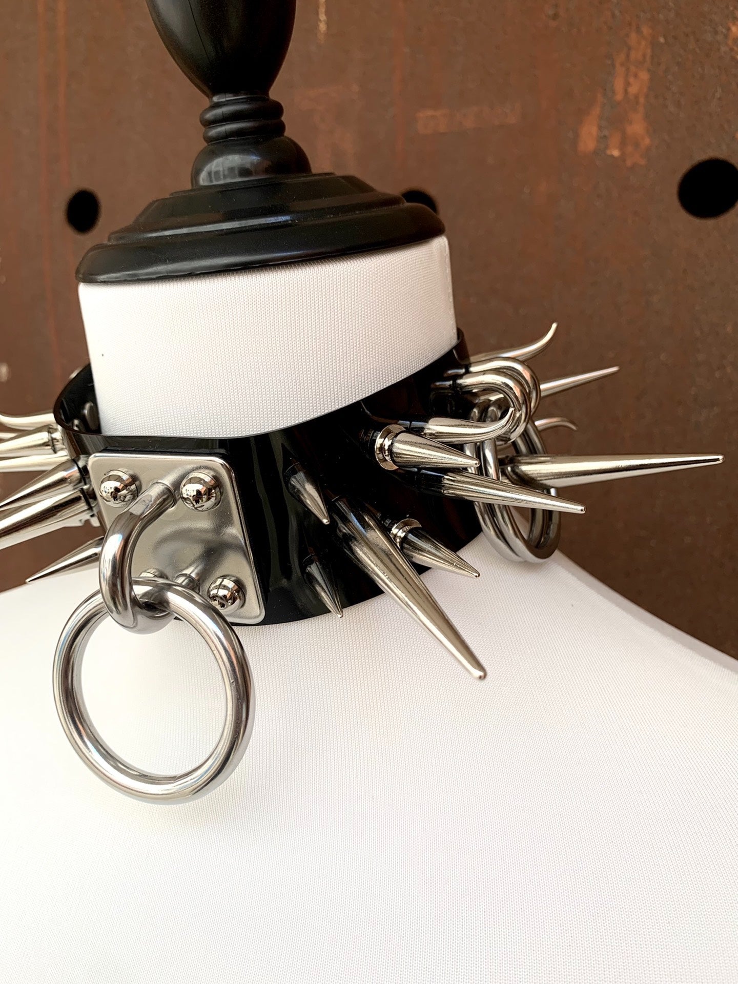 "Horned Rhino" Handmade Gothic Punk Metal Spiked O-Ring Patent Leather Choker Necklace