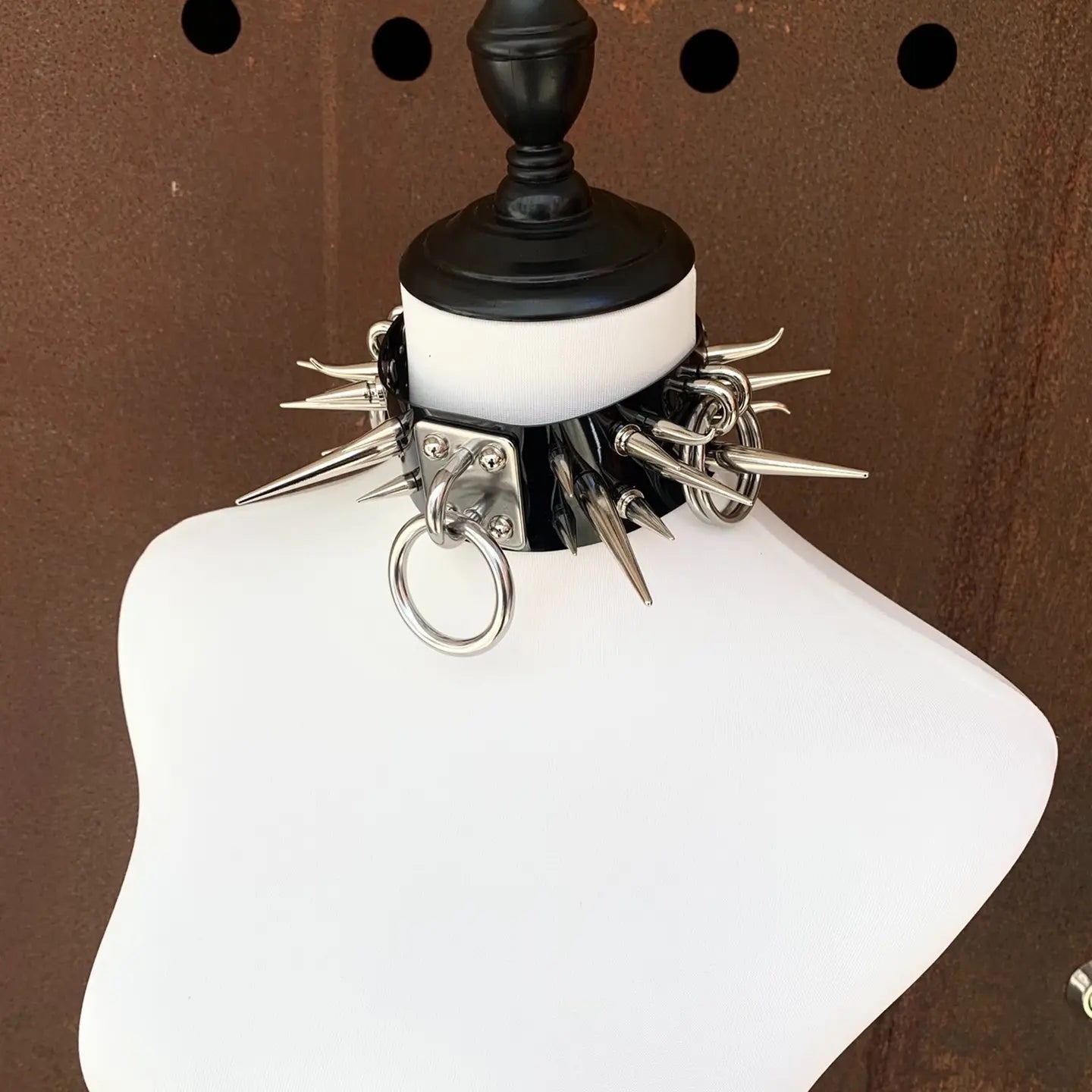 "Horned Rhino" Handmade Gothic Punk Metal Spiked O-Ring Patent Leather Choker Necklace