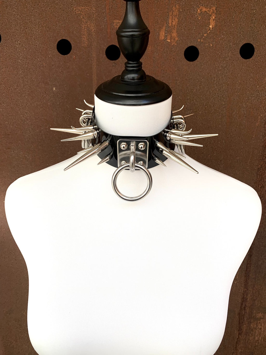 "Horned Rhino" Handmade Gothic Punk Metal Spiked O-Ring Patent Leather Choker Necklace