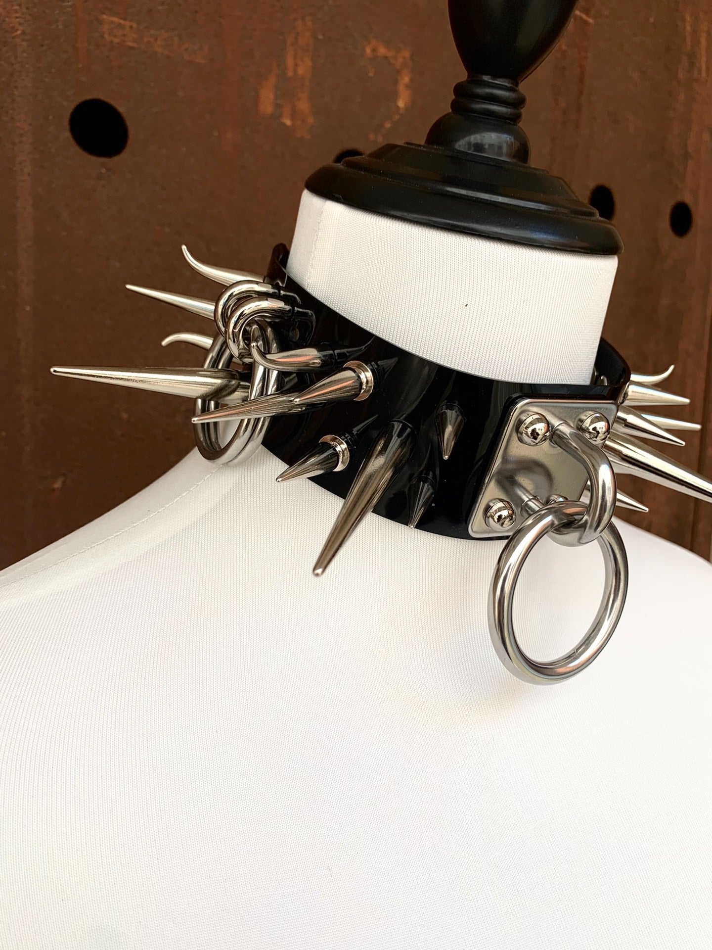 "Horned Rhino" Handmade Gothic Punk Metal Spiked O-Ring Patent Leather Choker Necklace