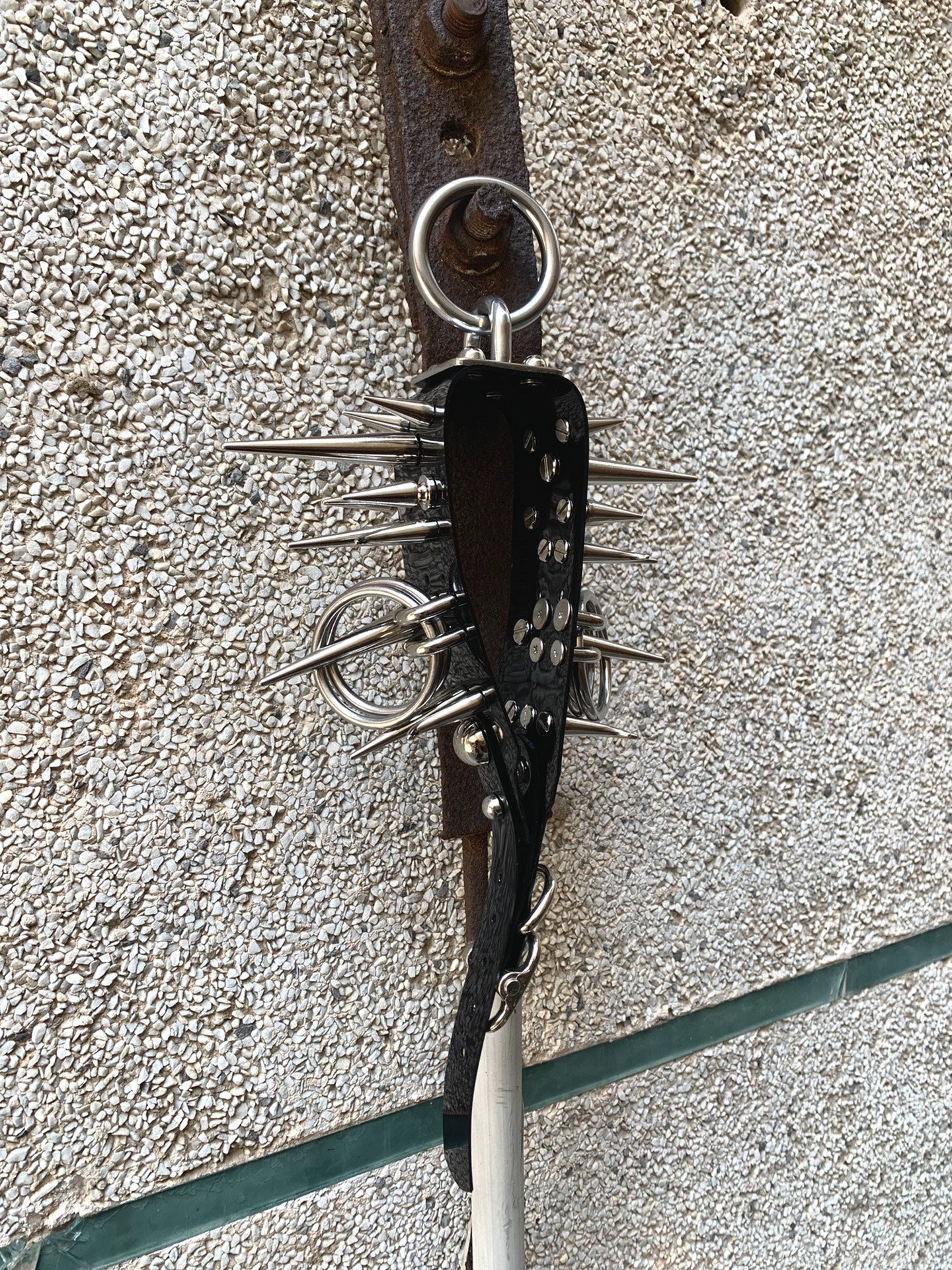 "Horned Rhino" Handmade Gothic Punk Metal Spiked O-Ring Patent Leather Choker Necklace