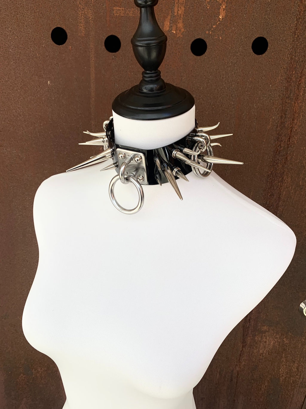 "Horned Rhino" Handmade Gothic Punk Metal Spiked O-Ring Patent Leather Choker Necklace
