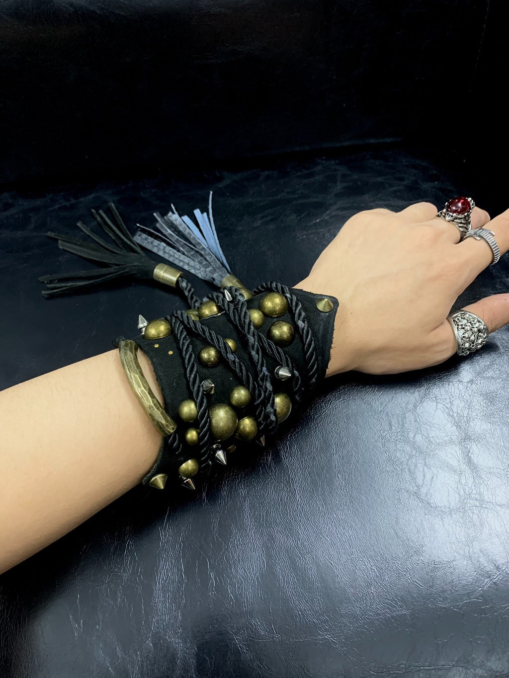 Pirate Tribe Gothic Punk Leather Cuff – Post-Apocalyptic Snake Pattern Studded Bracelet Wristband Jewelry