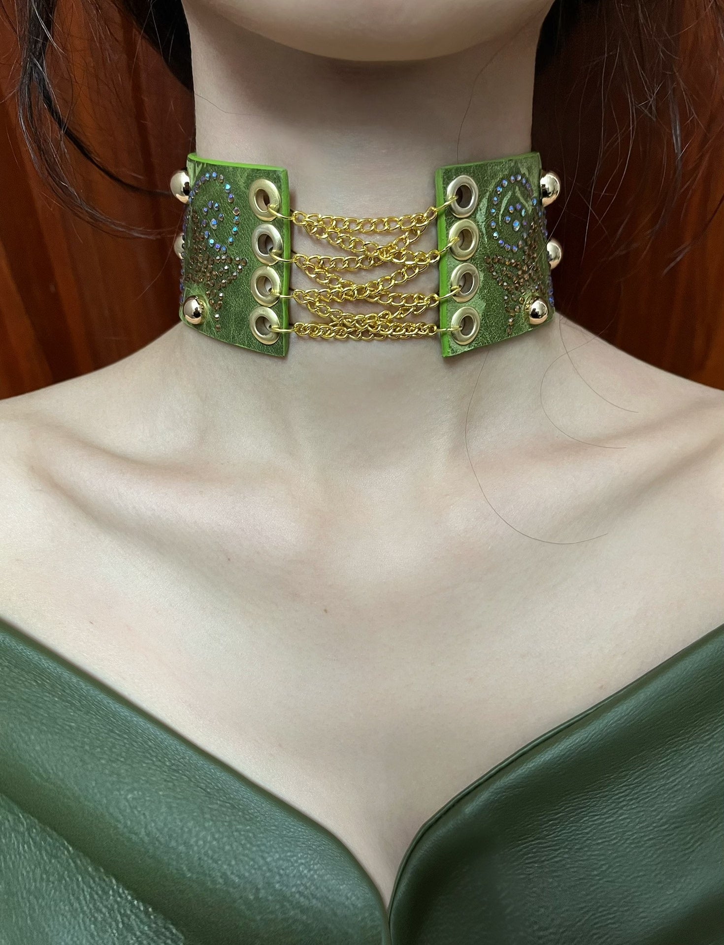 Tribal Gothic Leather Choker with Studs – Dark Forest Punk Style