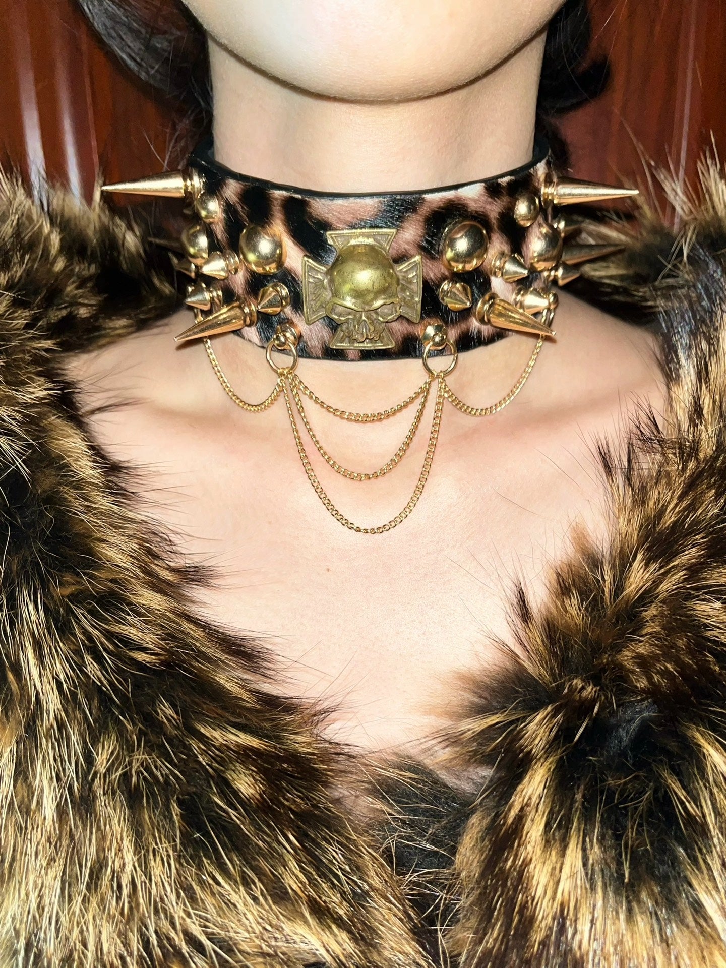 Rock Goth Punk Shibuya Babe Leopard Print Culture Leather Studded Metal Choker Necklace