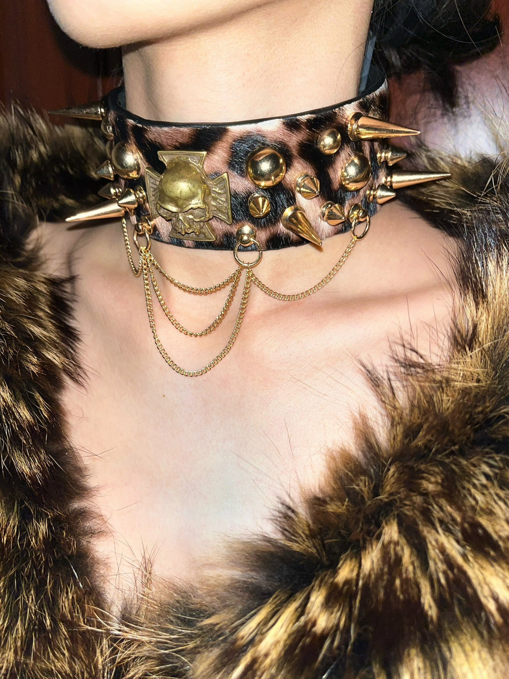 Rock Goth Punk Shibuya Babe Leopard Print Culture Leather Studded Metal Choker Necklace