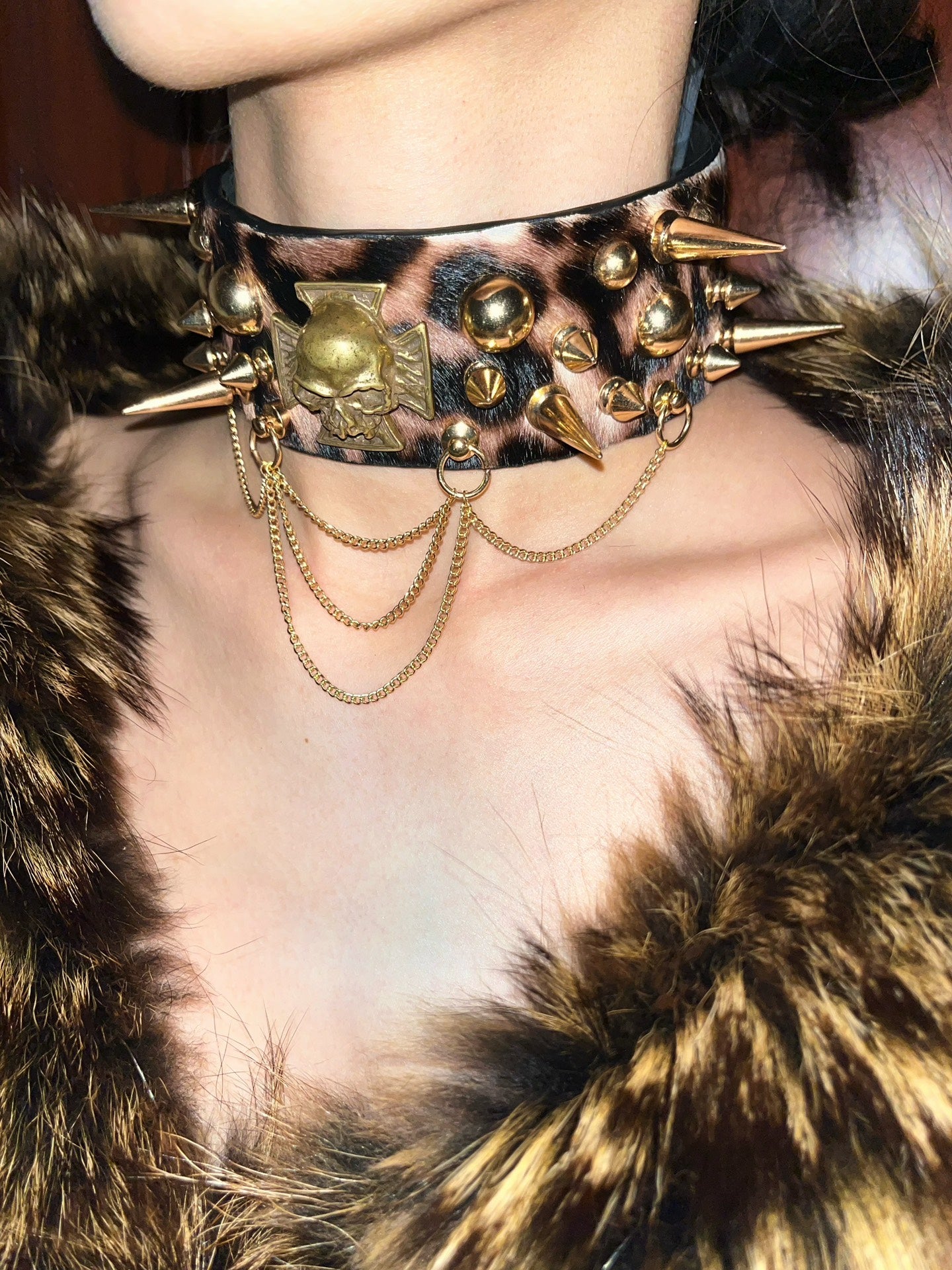 Rock Goth Punk Shibuya Babe Leopard Print Culture Leather Studded Metal Choker Necklace