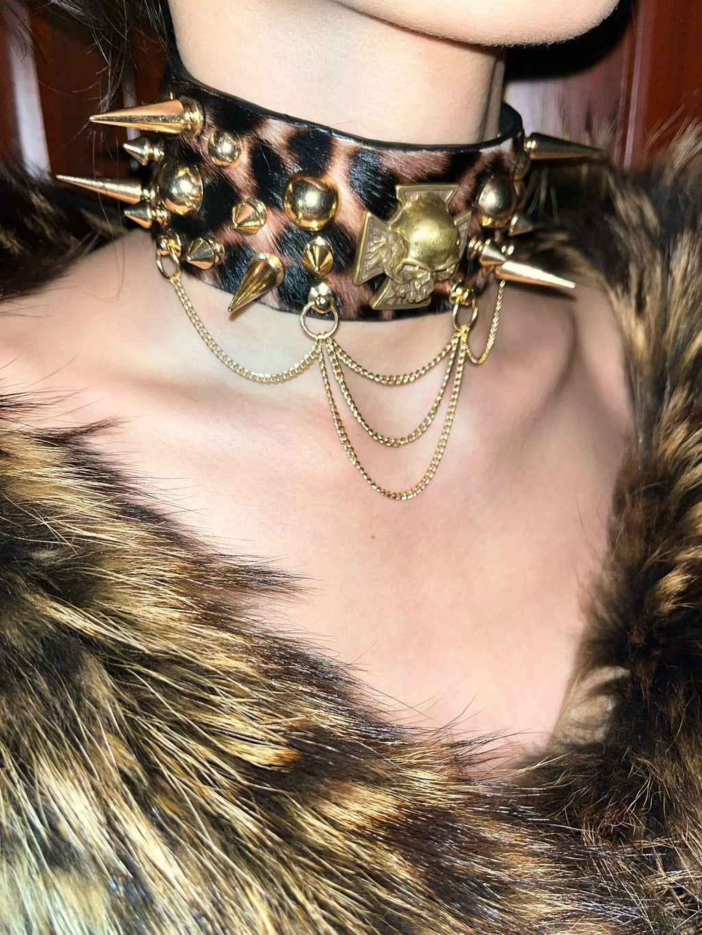 Rock Goth Punk Shibuya Babe Leopard Print Culture Leather Studded Metal Choker Necklace