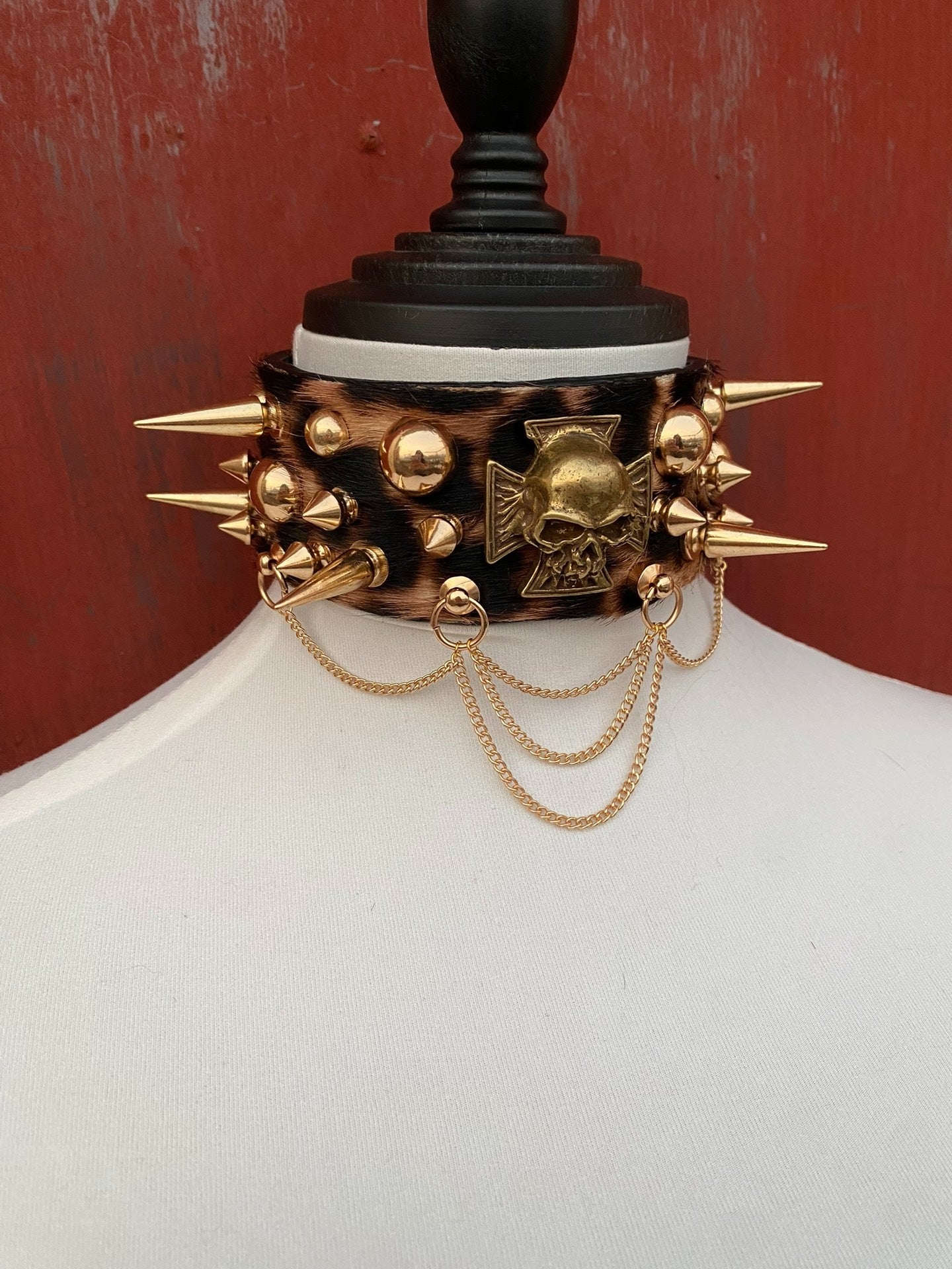 Rock Goth Punk Shibuya Babe Leopard Print Culture Leather Studded Metal Choker Necklace