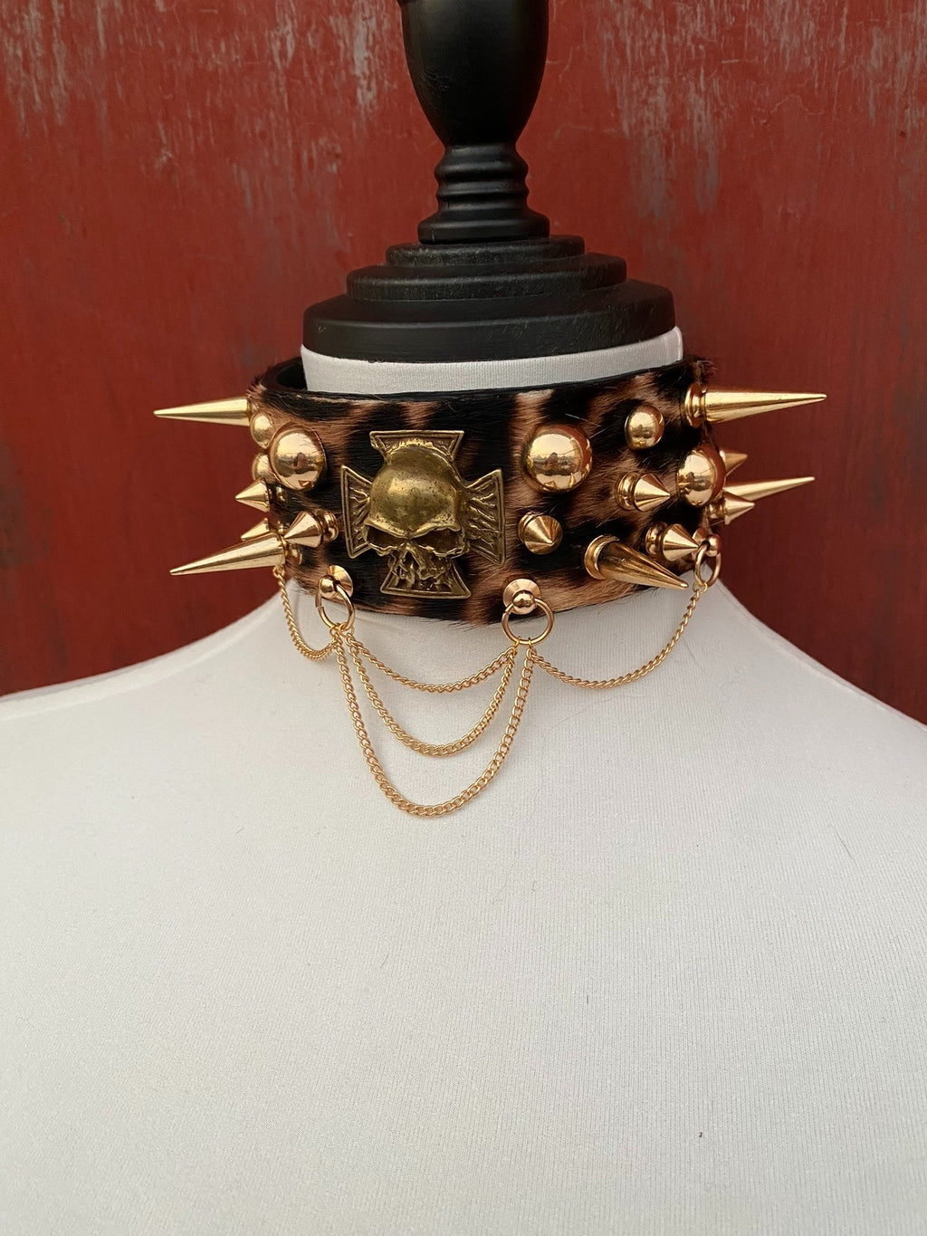 Rock Goth Punk Shibuya Babe Leopard Print Culture Leather Studded Metal Choker Necklace