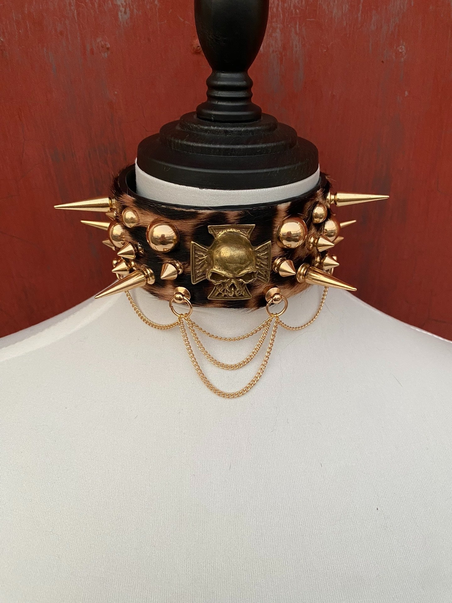 Rock Goth Punk Shibuya Babe Leopard Print Culture Leather Studded Metal Choker Necklace