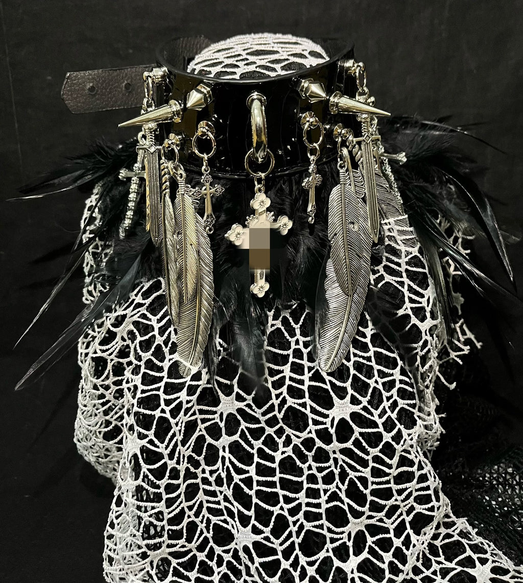 Dreamscape Dark Gothic Visual Punk Choker - Snake Skin, Feather & Rivet Metal Necklace - Rock, Y2K, and Alternative Aesthetic