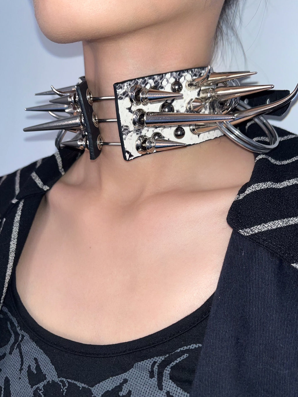 Bone Spike Snake Skin & Leather Rivet Choker Necklace - Gothic Punk Rock Metal Statement Piece