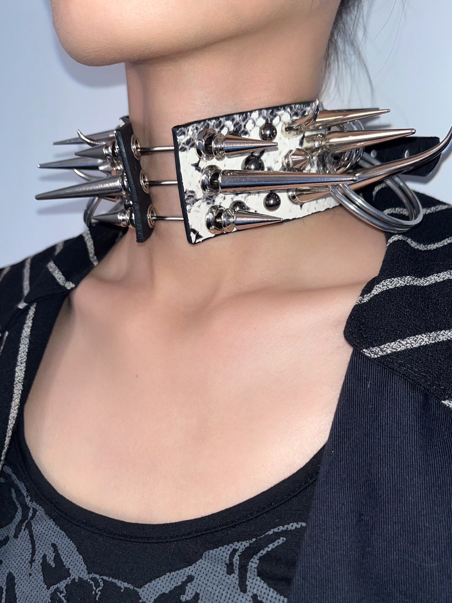 Bone Spike Snake Skin & Leather Rivet Choker Necklace - Gothic Punk Rock Metal Statement Piece