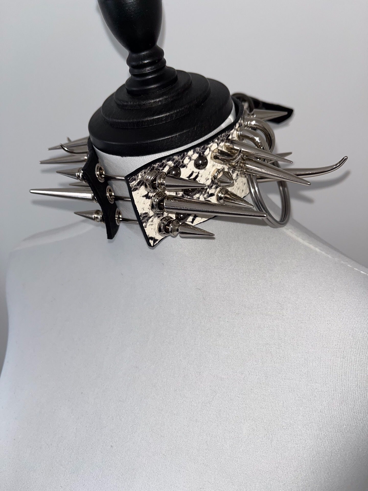 Bone Spike Snake Skin & Leather Rivet Choker Necklace - Gothic Punk Rock Metal Statement Piece