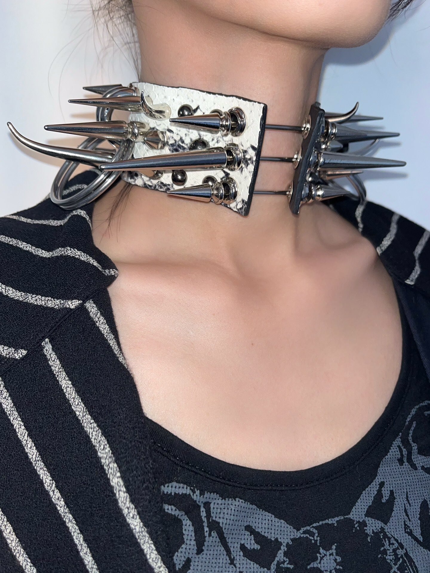 Bone Spike Snake Skin & Leather Rivet Choker Necklace - Gothic Punk Rock Metal Statement Piece