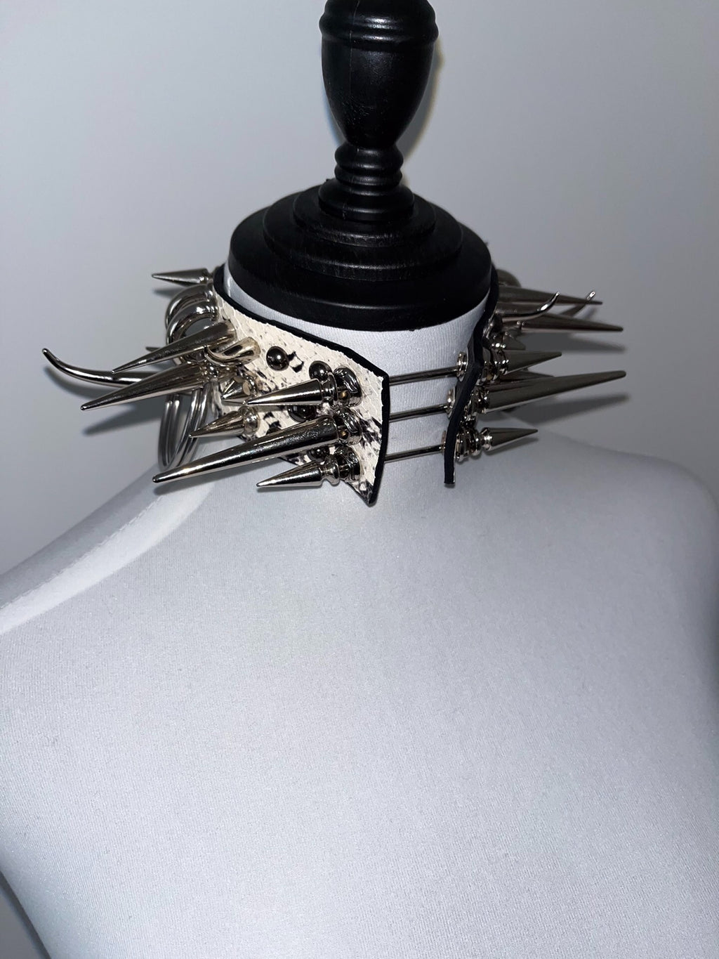 Bone Spike Snake Skin & Leather Rivet Choker Necklace - Gothic Punk Rock Metal Statement Piece