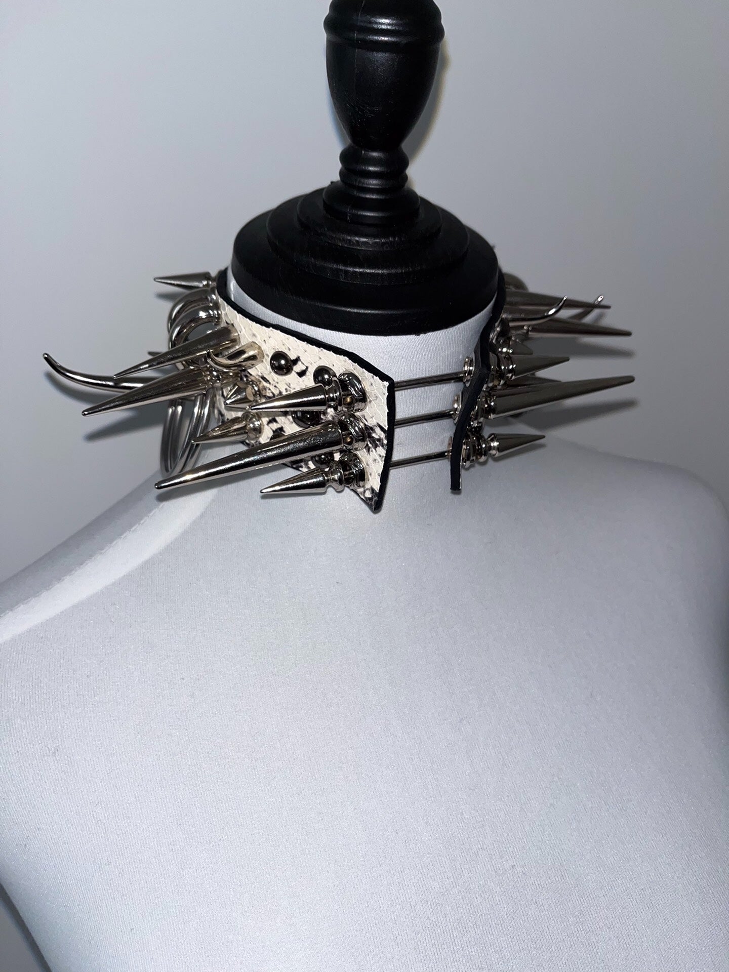 Bone Spike Snake Skin & Leather Rivet Choker Necklace - Gothic Punk Rock Metal Statement Piece