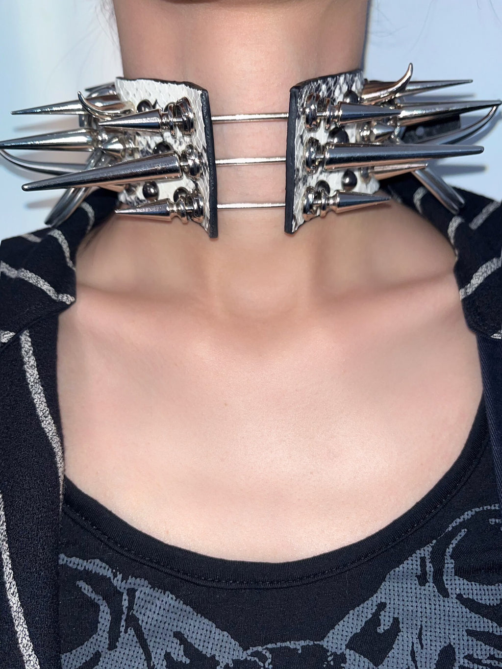 Bone Spike Snake Skin & Leather Rivet Choker Necklace - Gothic Punk Rock Metal Statement Piece