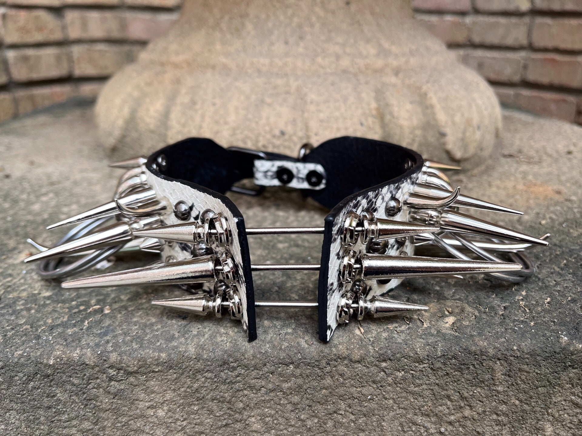 Bone Spike Snake Skin & Leather Rivet Choker Necklace - Gothic Punk Rock Metal Statement Piece