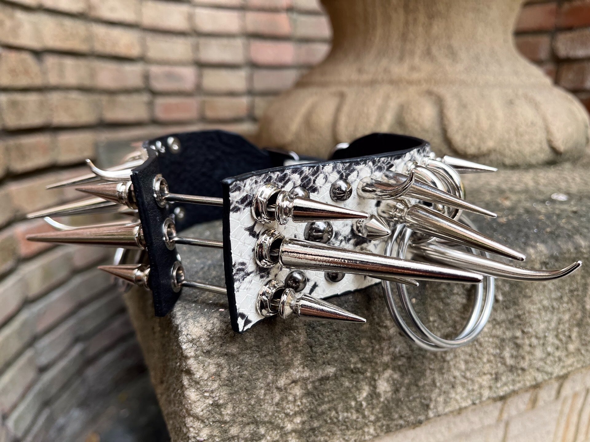 Bone Spike Snake Skin & Leather Rivet Choker Necklace - Gothic Punk Rock Metal Statement Piece