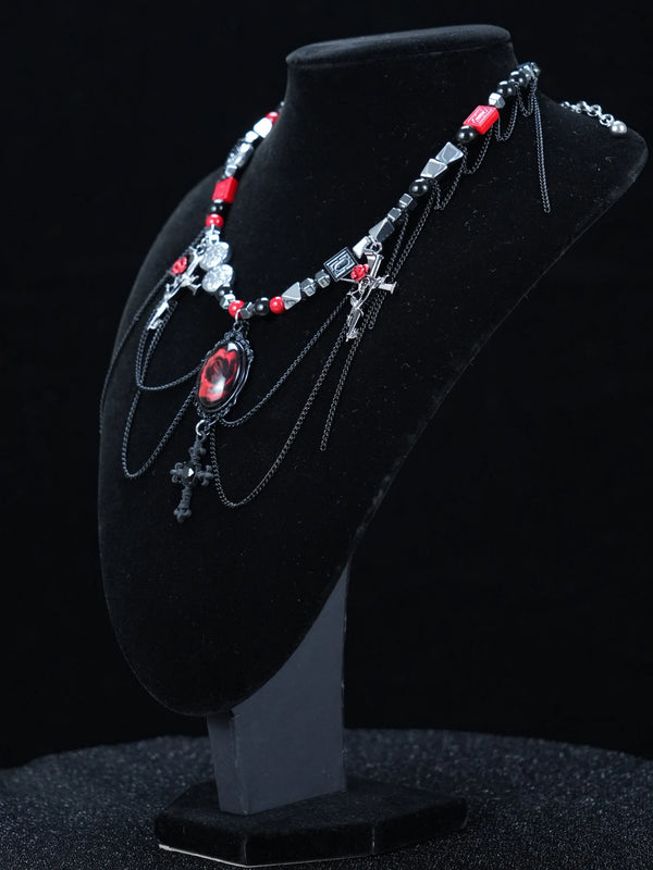 Y2K Gothic Cross Beaded Necklace – Red Rose Pendant with Black, Red & Silver Accents