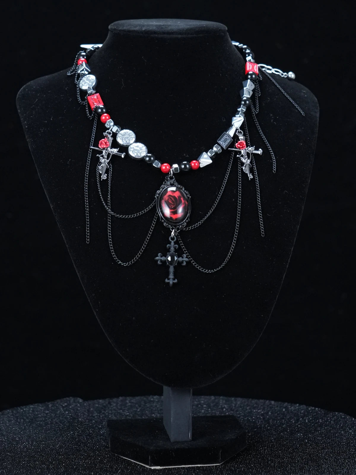 Y2K Gothic Cross Beaded Necklace – Red Rose Pendant with Black, Red & Silver Accents
