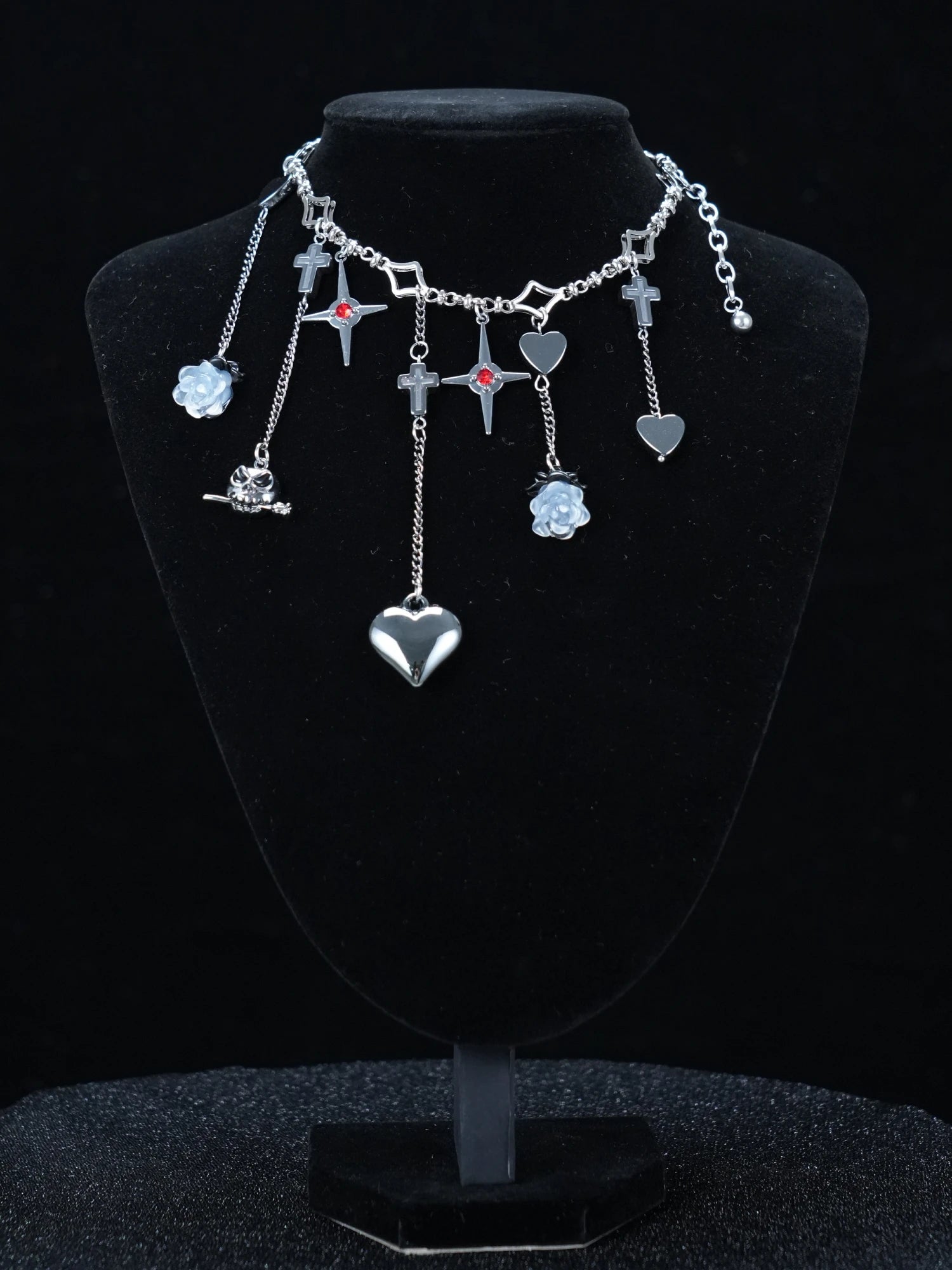 Y2K Gothic Heart & Cross Charm Necklace – Silver Chain with Cross Accents