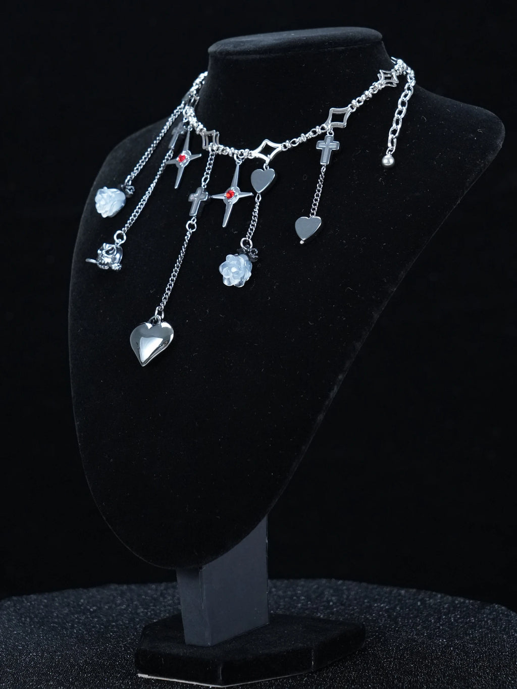 Y2K Gothic Heart & Cross Charm Necklace – Silver Chain with Cross Accents