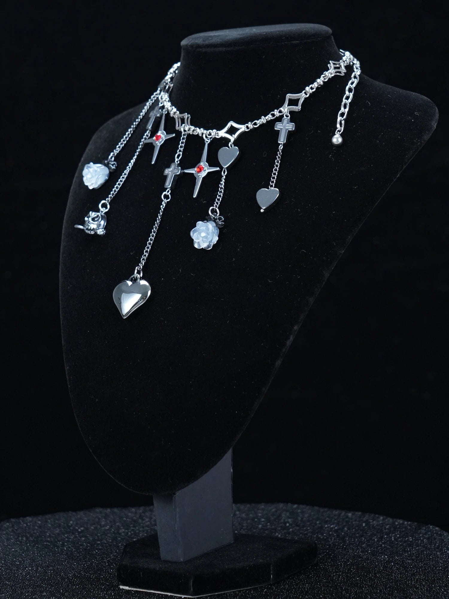 Y2K Gothic Heart & Cross Charm Necklace – Silver Chain with Cross Accents