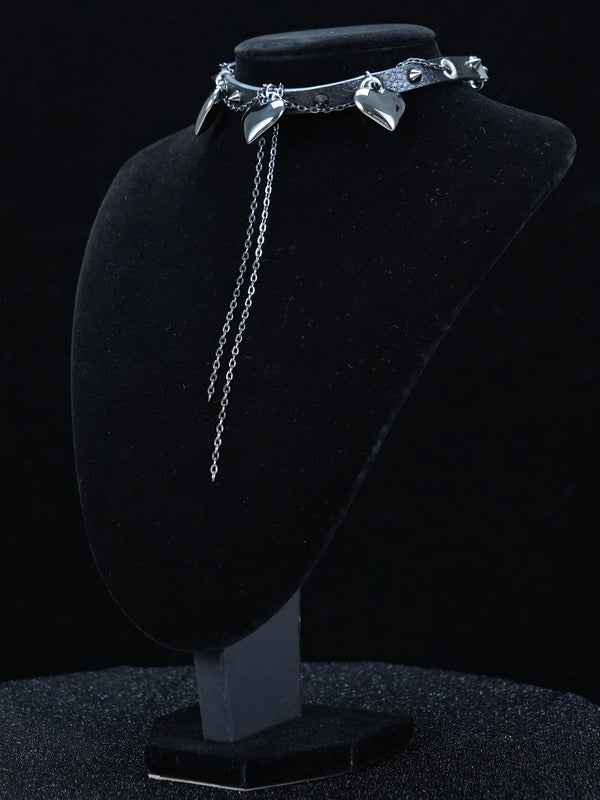 Y2K Punk Leather Heart Choker – Black Studded Collar with Dangling Chain Tassels