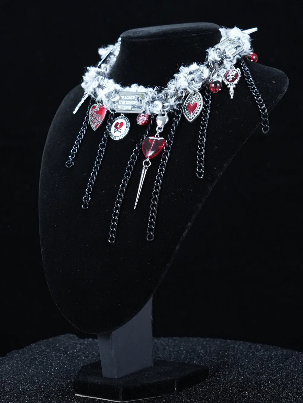 Y2K Gothic Charm Necklace – Silver Layered Chain with Red Hearts & Ornate Dangling Pendants