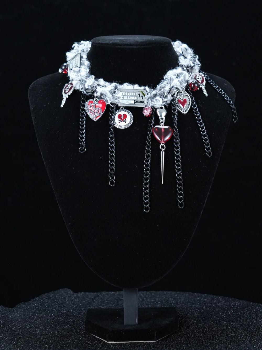 Y2K Gothic Charm Necklace – Silver Layered Chain with Red Hearts & Ornate Dangling Pendants
