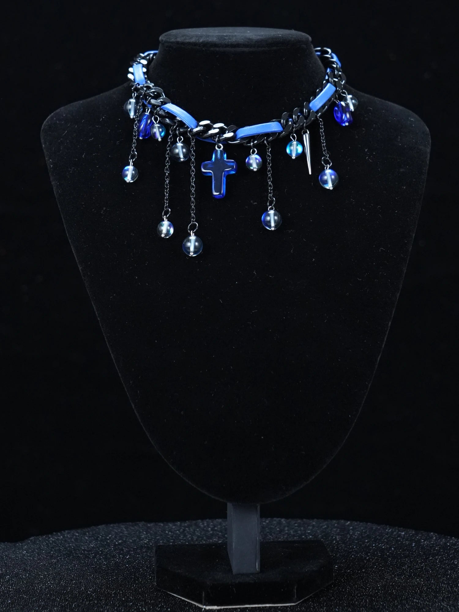 Y2K Gothic Blue Cross Necklace – Dark Chain with Blue Beads & Cross Pendants
