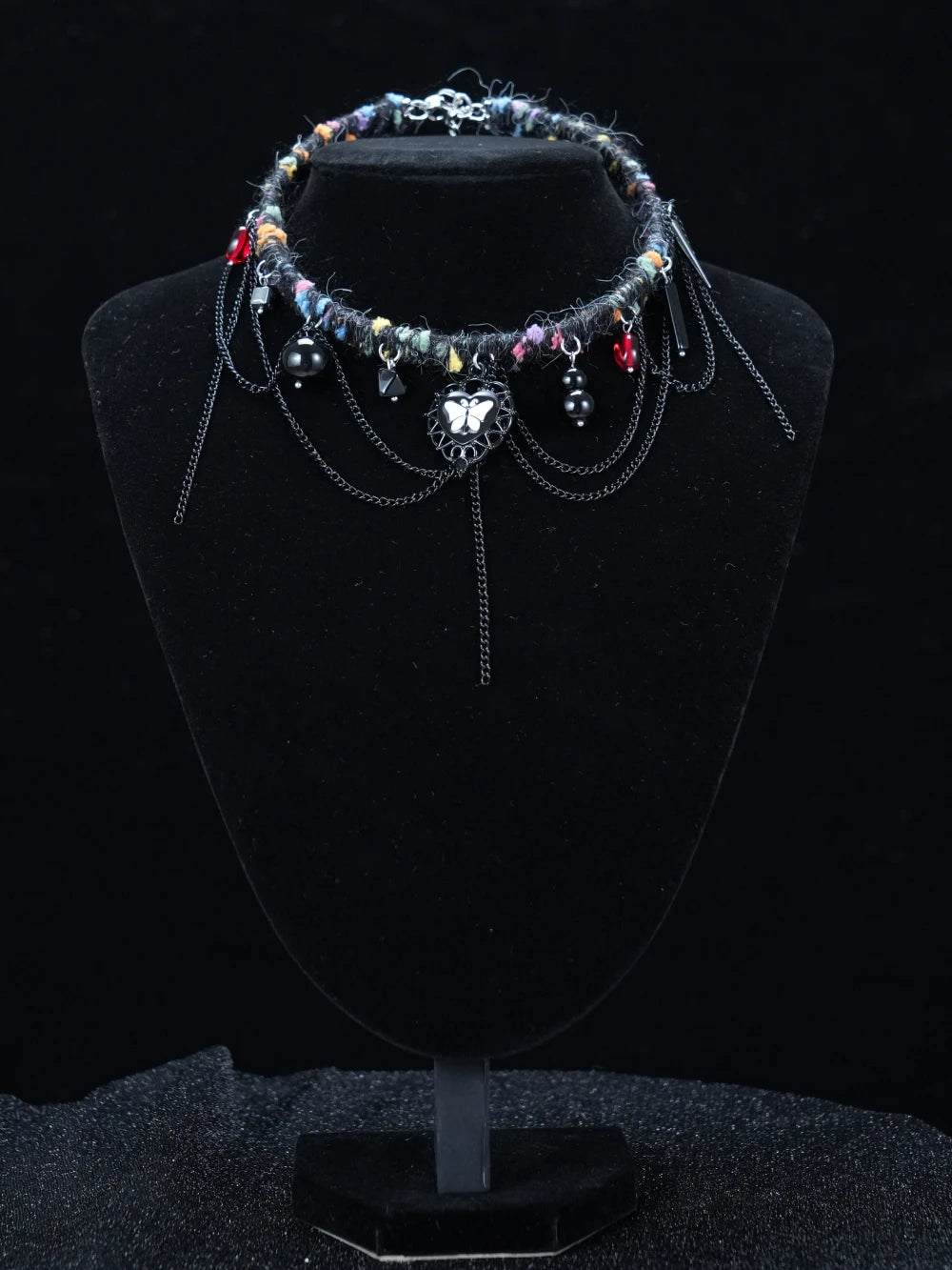 Y2K Dark Boho Heart Necklace – Handmade Yarn Statement Piece with Butterfly Pendant