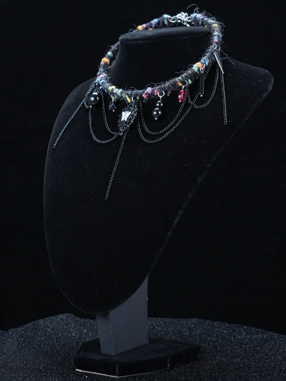 Y2K Dark Boho Heart Necklace – Handmade Yarn Statement Piece with Butterfly Pendant