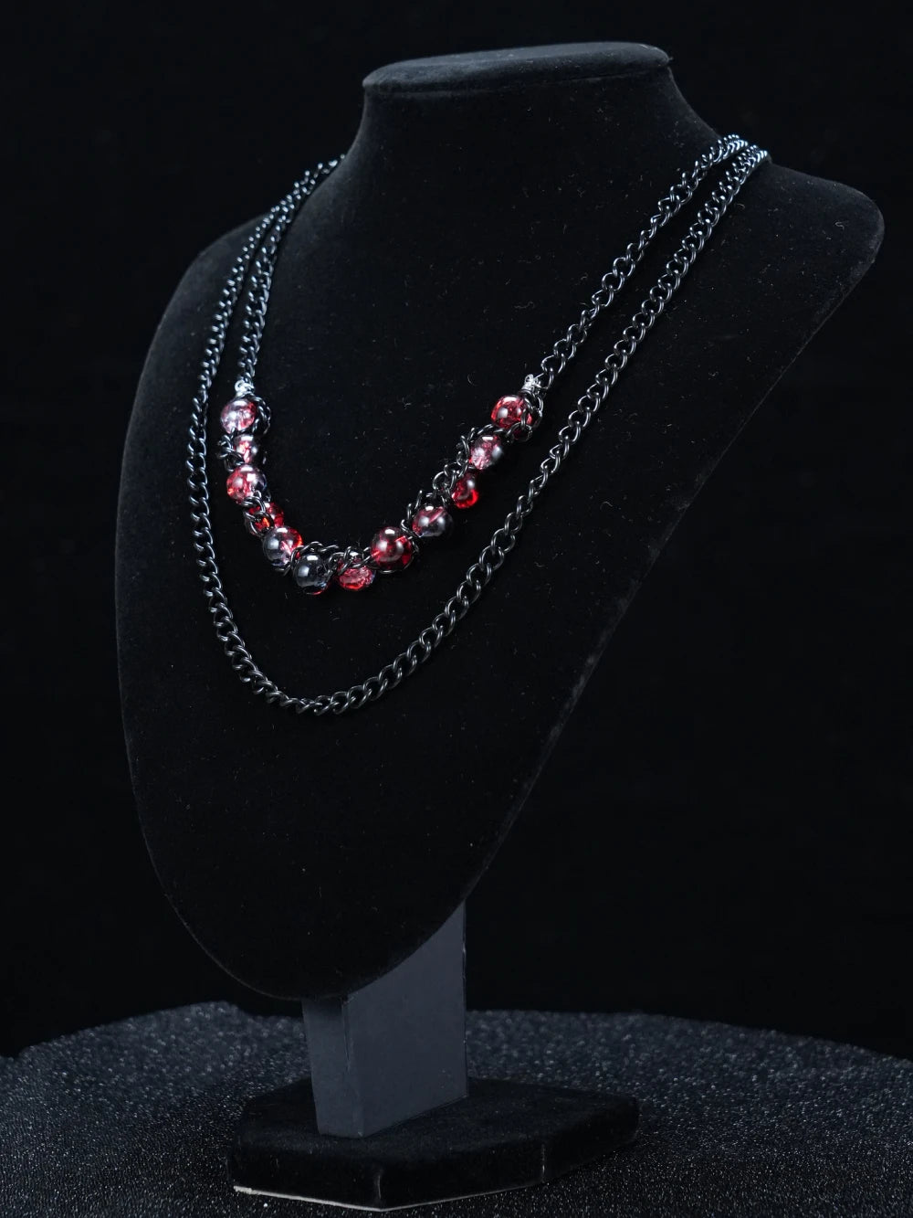 Y2K Layered Gothic Necklace – Black Chain & Reddish Purple Beaded Strand