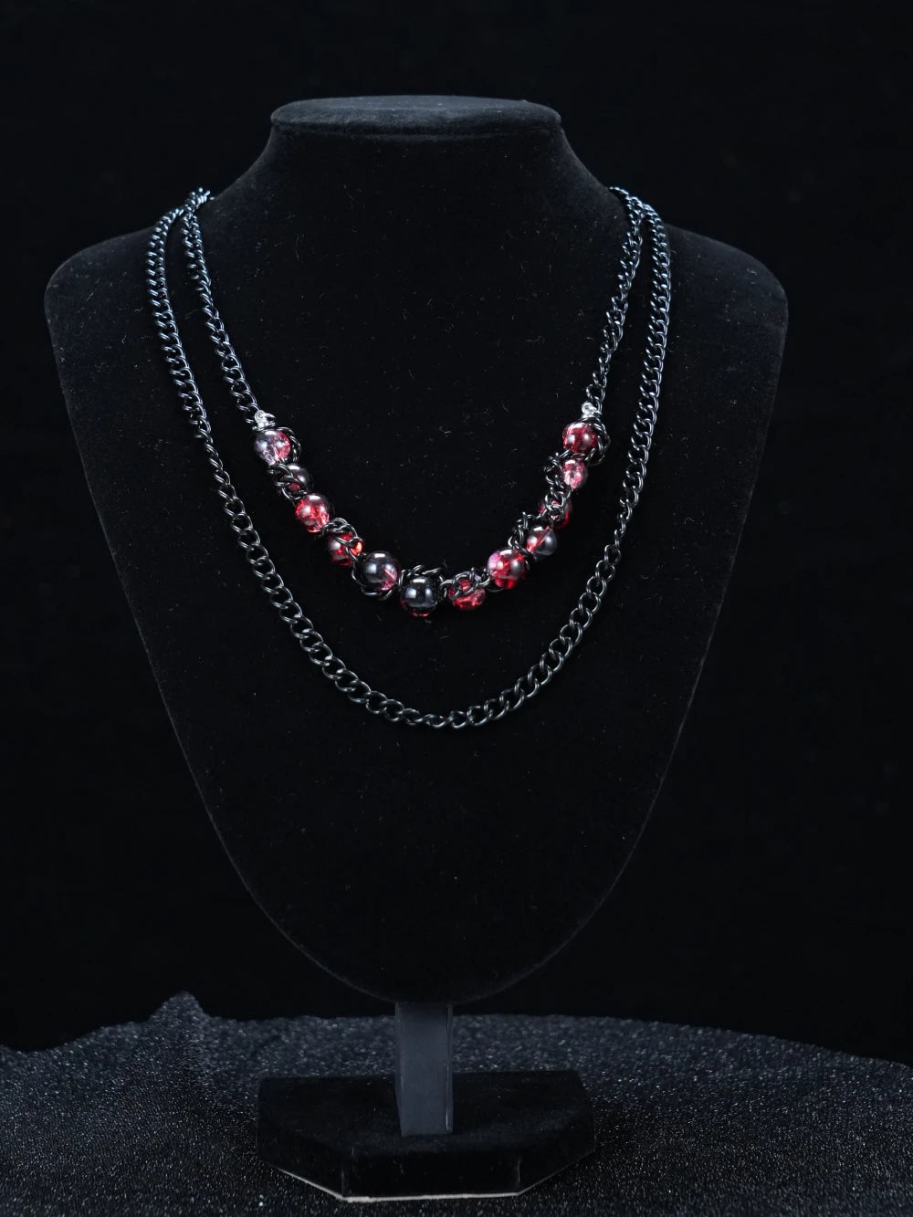 Y2K Layered Gothic Necklace – Black Chain & Reddish Purple Beaded Strand