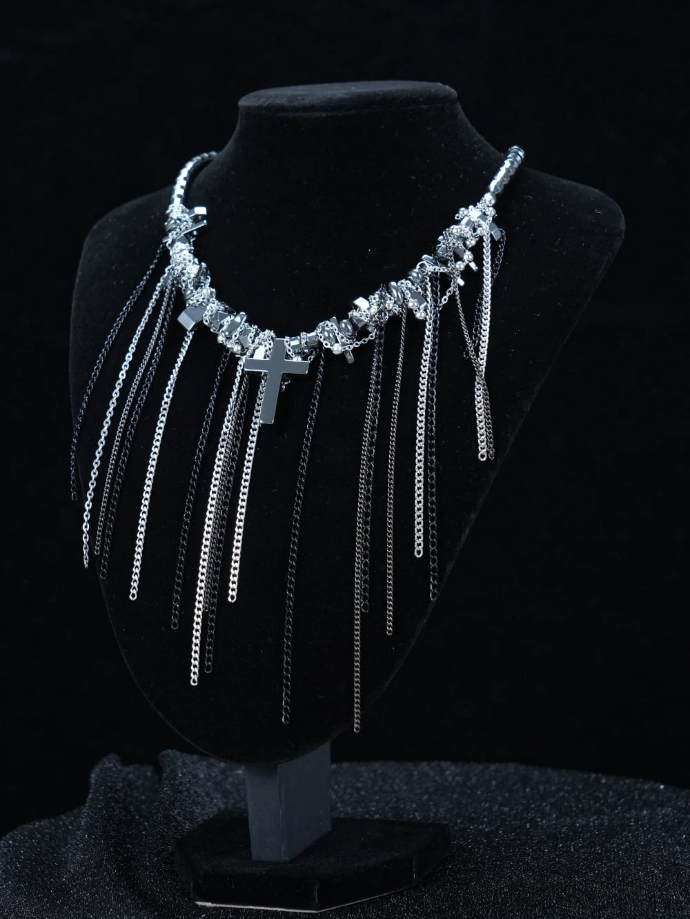 Y2K Layered Cross Chain Necklace – Gothic Silver & Black Multi-Strand Statement