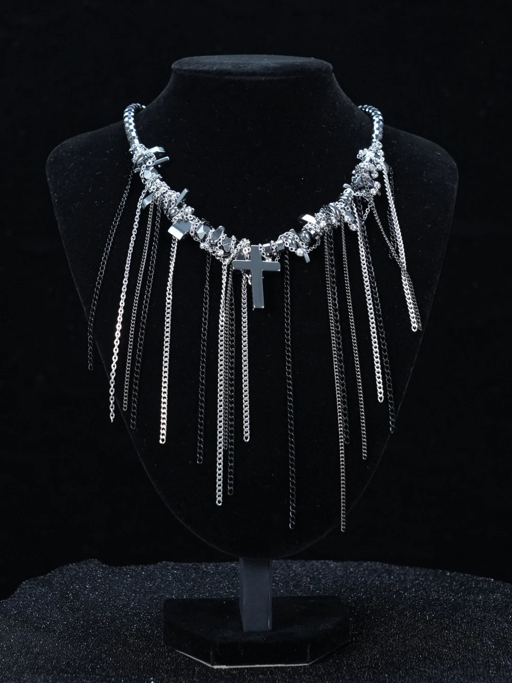 Y2K Layered Cross Chain Necklace – Gothic Silver & Black Multi-Strand Statement